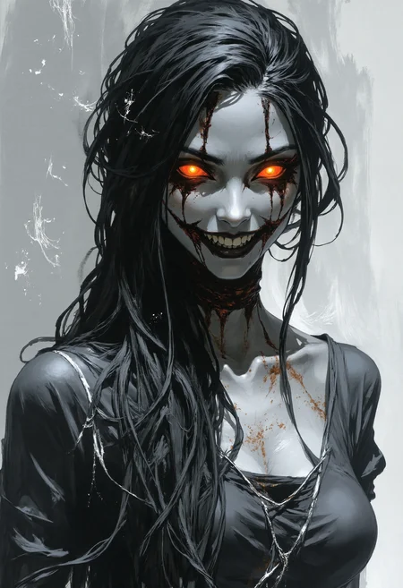 fg, A digital illustration of a woman with long, messy black hair framing her face, piercing glowing red eyes, heavy dark smudged makeup creating a sunken eye effect, a wide unsettling toothy grin. She wears dark, slightly ragged clothing, with subtle dark red smudges around her neck. Digital painting in the style of a dark fantasy horror illustration, eerie atmosphere, dramatic cinematic lighting, muted grey smoky background.