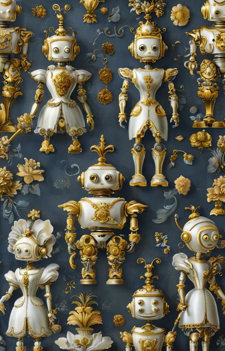 masterpiece,best quality,<lora:tbh354-sdxl:0.75>,illustration,style of Baroque patten portrait of Housework robots