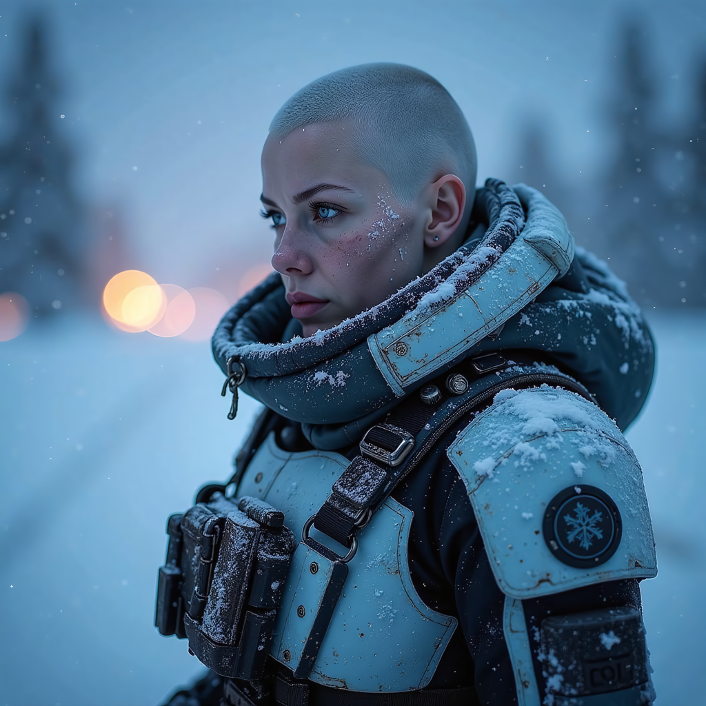 Frostpunk style, frostpunk style weathered female  (covered in snow, frost, and/or icicles), bald, bionic_eyes, wearing a glacier white thermal combat armor, heavy duty cryo boots, heating unit, set in  a frozen tundra punctuated by the faint, flickering lights of a distant settlement, offering a glimmer of hope. , at night,,  <lora:flux_trainer/frostPunk_v1.1.safetensors:1.0>,  <lora:scifi/moxiePunk_v3D.safetensors:1.0>, .  Icy, futuristic aesthetic incorporating frozen elements, augmented mechanical technology, neon-lit snow-covered cityscapes.