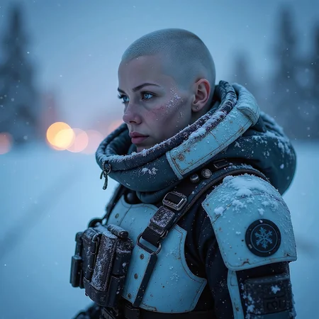 Frostpunk style, frostpunk style weathered female  (covered in snow, frost, and/or icicles), bald, bionic_eyes, wearing a glacier white thermal combat armor, heavy duty cryo boots, heating unit, set in  a frozen tundra punctuated by the faint, flickering lights of a distant settlement, offering a glimmer of hope. , at night,,  <lora:flux_trainer/frostPunk_v1.1.safetensors:1.0>,  <lora:scifi/moxiePunk_v3D.safetensors:1.0>, .  Icy, futuristic aesthetic incorporating frozen elements, augmented mechanical technology, neon-lit snow-covered cityscapes.
