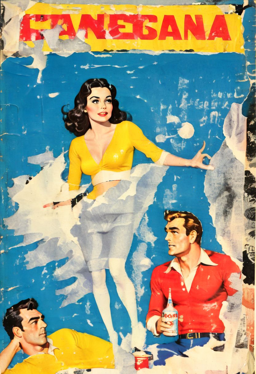 An illustrated 1970s Vintage comic book cover of Captain Dreamland and his adventures in the noosphere, with his gorgeous a busty bombshell brunette Wife, faded, distressed, sun bleached ink, soft drink ad, CMYK halftone, Brazilian magazine, spray paint, lumen print