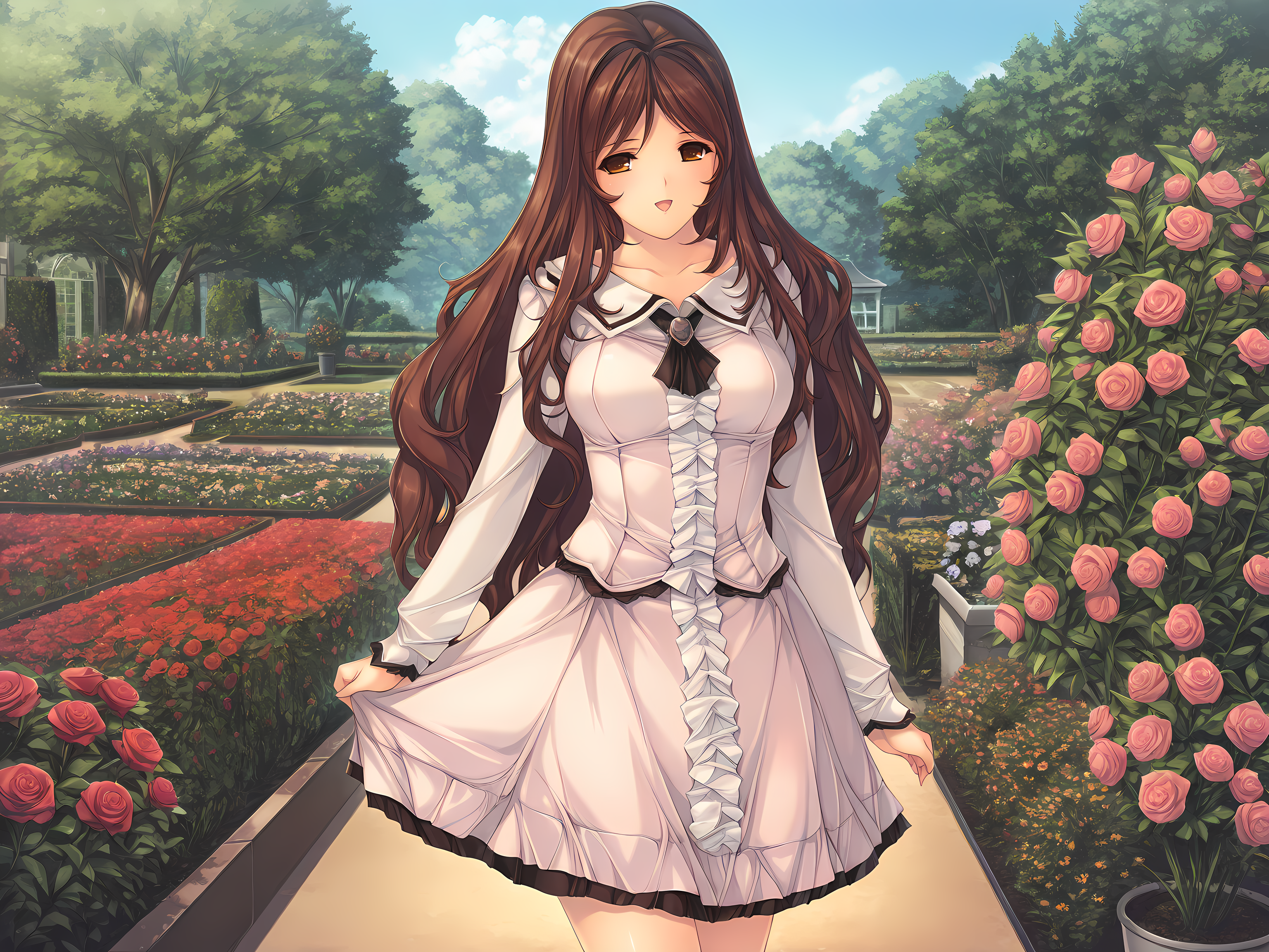 <lora:Oyako_Rankan_Illustrious:0.8>,1girl,solo,min-naraken,saya,standing,open mouth, smile, sy casual outfit, cowboy shot, outdoors, garden, flower, rose,, masterpiece,best quality,amazing quality,