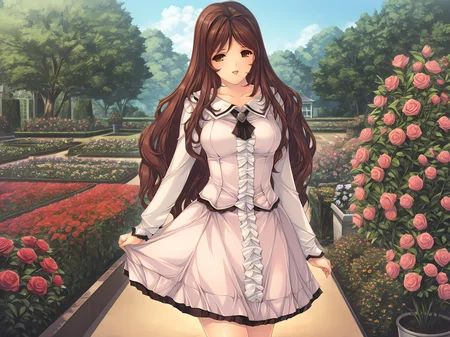 <lora:Oyako_Rankan_Illustrious:0.8>,1girl,solo,min-naraken,saya,standing,open mouth, smile, sy casual outfit, cowboy shot, outdoors, garden, flower, rose,, masterpiece,best quality,amazing quality,