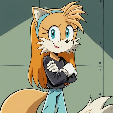 score_9, score_8_up, score_7_up, score_6_up, 1girl, solo, miles tails prower, miles prower, tails the fox, yellow fur, white gloves, fox, blue eyes, 2 tails, fox ears, short
Orange haired wig, long haired wig, blue hairband, bangs, black long sleeved shirt, blue pants, looking at viewer, cowboy shot, arms crossed, smiling, sonicx_style