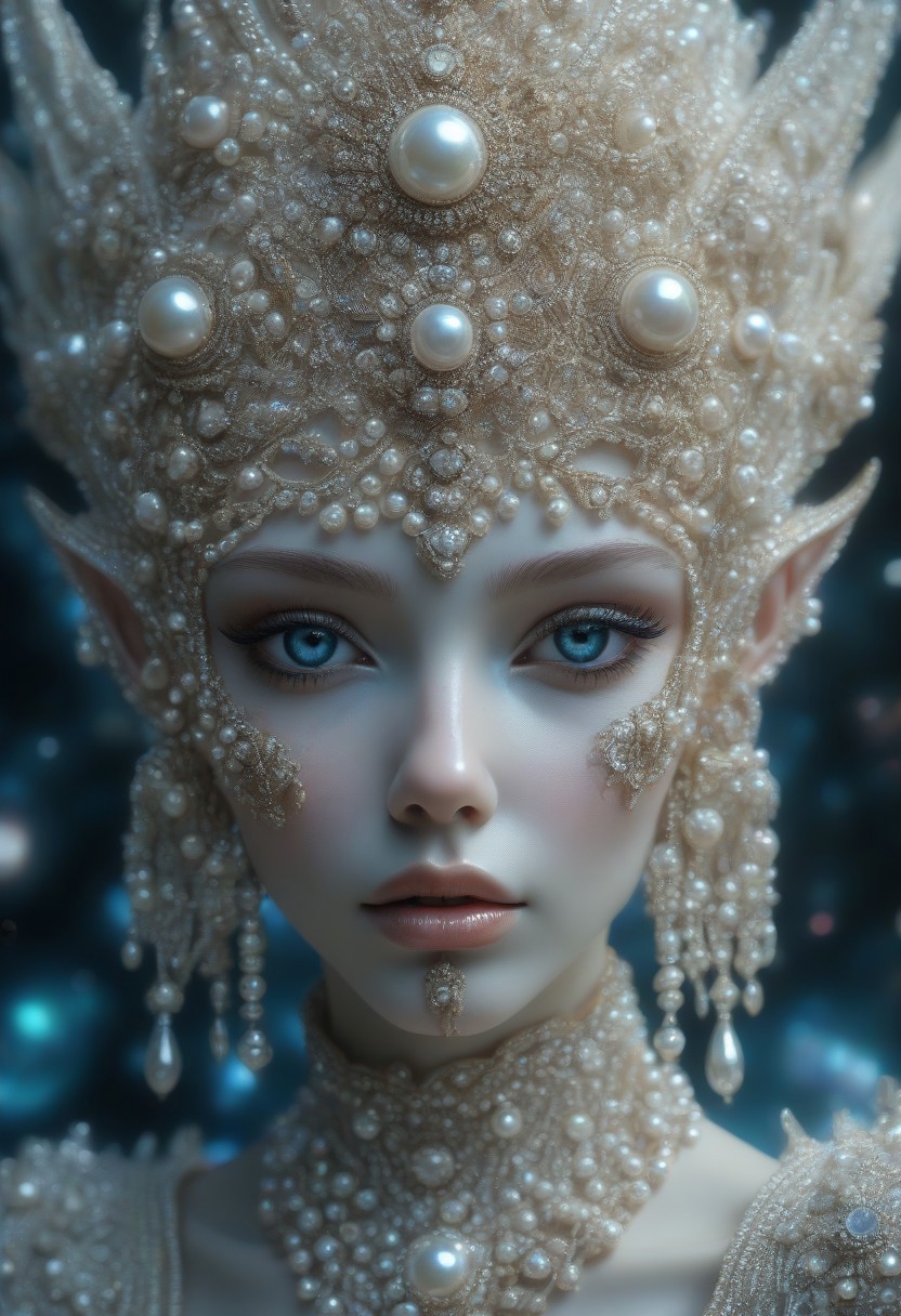 Ornate Pearls and Crystals, elaborate close up of a face, alien goddess, hyper realistic