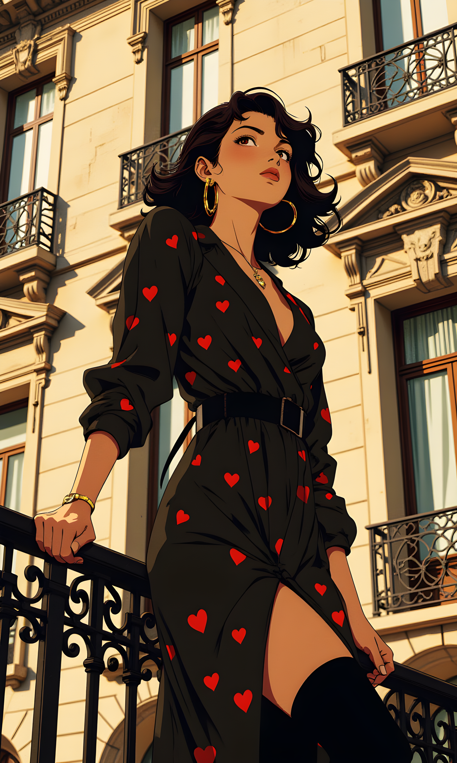 A woman is the central focus of the image. She has a poised and confident demeanor, with her body slightly turned to the side, giving a three-quarter view of her figure.
Her facial expression is serene and composed, with a slight upward gaze that adds an air of contemplation or thoughtfulness. Her eyes are not directly looking at the camera, which enhances the sense of introspection.
The woman is standing on a balcony, leaning lightly against the railing with one hand resting on it and the other extended outward. Her legs are crossed at the knee, with one leg lifted slightly, revealing a thigh-high black stocking. This pose exudes elegance and a touch of sensuality.
She is wearing a black dress adorned with red heart patterns. The dress features a deep V-neckline and long sleeves, fitting snugly around her waist and hips. The high slit on the side of the dress accentuates her leg, adding a dramatic flair to her outfit. She also wears large hoop earrings and a delicate necklace, complementing her overall look.
The camera is positioned at eye level, capturing the subject from a medium distance. This angle allows for a clear view of her upper body and face while still including part of the background. The framing is such that the subject is centered, drawing immediate attention to her.
The lighting appears to be natural, likely from daylight, as indicated by the soft shadows and highlights on her face and dress. The light source seems to be coming from the front-left side, casting gentle shadows that contour her features and the folds of her dress. The overall illumination is even, avoiding harsh contrasts.
The background consists of a classic European-style building facade with ornate architectural details. The windows are framed with decorative elements, and some have small balconies with railings. The building's beige stone walls add a warm tone to the scene. The balcony where the woman stands has a wrought iron railing, which adds a touch of elegance and complements the vintage aesthetic of the setting.
The composition is well-balanced, with the subject placed centrally in the frame. The vertical lines of the building and the horizontal lines of the balcony railing create a sense of structure and stability. The contrast between the dark dress and the lighter background further emphasizes the subject, making her the focal point of the image. The overall composition conveys a sense of sophistication and timeless beauty.
BREAK anime, d13s3lp2nk, bboil artist style, OBdonman, Anime art, <lora:FLUX\Anime Art V3:0.2>, <lora:FLUX\Synesthesia:0.2>, <lora:FLUX\RetroAnimeS1.1:0.5>, <lora:FLUX\Flux-jijia:0.1>, <lora:FLUX\It's a LoRA for portraits, BUT! actually specialized in backgrounds. v1.0:0.1>, <lora:FLUX\GLSHS:0.2>, <lora:FLUX\Dieselpunk Delight - s0_9 g4:0.4>, <lora:FLUX\OBdonman, anime0style portrait:0.1>