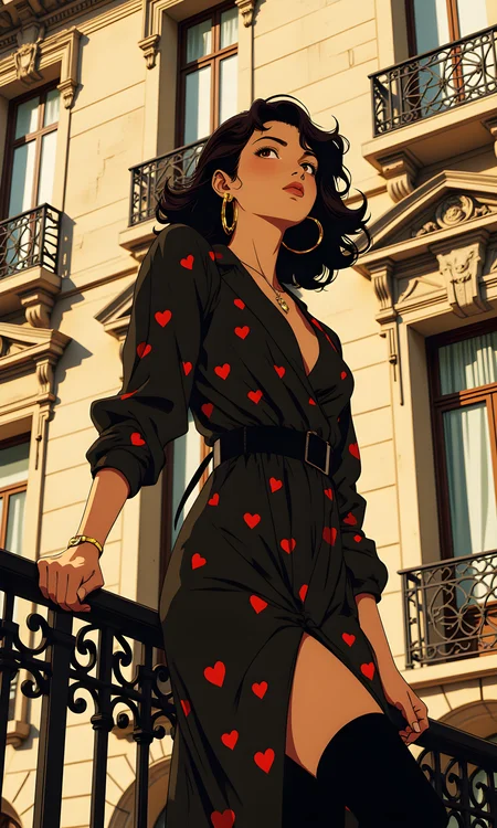 A woman is the central focus of the image. She has a poised and confident demeanor, with her body slightly turned to the side, giving a three-quarter view of her figure.
Her facial expression is serene and composed, with a slight upward gaze that adds an air of contemplation or thoughtfulness. Her eyes are not directly looking at the camera, which enhances the sense of introspection.
The woman is standing on a balcony, leaning lightly against the railing with one hand resting on it and the other extended outward. Her legs are crossed at the knee, with one leg lifted slightly, revealing a thigh-high black stocking. This pose exudes elegance and a touch of sensuality.
She is wearing a black dress adorned with red heart patterns. The dress features a deep V-neckline and long sleeves, fitting snugly around her waist and hips. The high slit on the side of the dress accentuates her leg, adding a dramatic flair to her outfit. She also wears large hoop earrings and a delicate necklace, complementing her overall look.
The camera is positioned at eye level, capturing the subject from a medium distance. This angle allows for a clear view of her upper body and face while still including part of the background. The framing is such that the subject is centered, drawing immediate attention to her.
The lighting appears to be natural, likely from daylight, as indicated by the soft shadows and highlights on her face and dress. The light source seems to be coming from the front-left side, casting gentle shadows that contour her features and the folds of her dress. The overall illumination is even, avoiding harsh contrasts.
The background consists of a classic European-style building facade with ornate architectural details. The windows are framed with decorative elements, and some have small balconies with railings. The building's beige stone walls add a warm tone to the scene. The balcony where the woman stands has a wrought iron railing, which adds a touch of elegance and complements the vintage aesthetic of the setting.
The composition is well-balanced, with the subject placed centrally in the frame. The vertical lines of the building and the horizontal lines of the balcony railing create a sense of structure and stability. The contrast between the dark dress and the lighter background further emphasizes the subject, making her the focal point of the image. The overall composition conveys a sense of sophistication and timeless beauty.
BREAK anime, d13s3lp2nk, bboil artist style, OBdonman, Anime art, <lora:FLUX\Anime Art V3:0.2>, <lora:FLUX\Synesthesia:0.2>, <lora:FLUX\RetroAnimeS1.1:0.5>, <lora:FLUX\Flux-jijia:0.1>, <lora:FLUX\It's a LoRA for portraits, BUT! actually specialized in backgrounds. v1.0:0.1>, <lora:FLUX\GLSHS:0.2>, <lora:FLUX\Dieselpunk Delight - s0_9 g4:0.4>, <lora:FLUX\OBdonman, anime0style portrait:0.1>