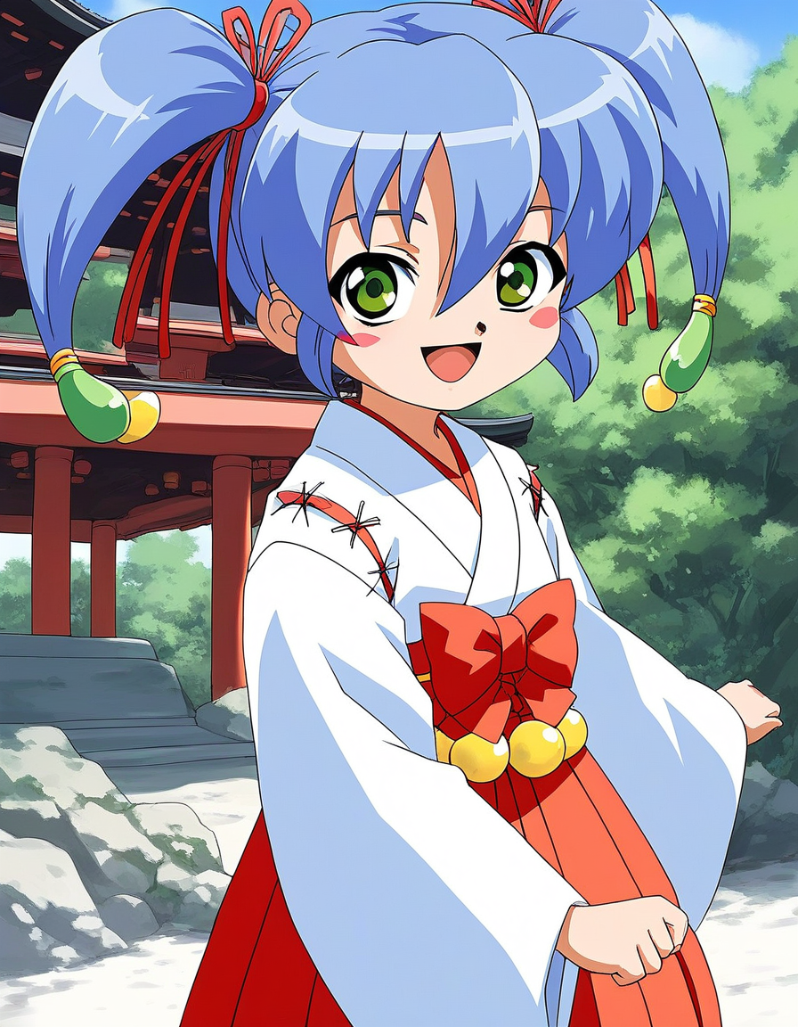 score_9, score_8_up, score_7_up, source_anime, rating_explicit, BREAK  <lora:Nazuna_OnmyouTaisenki_XL:1> Nazuna, blue hair, solo, green eyes, blush stickers, twintails, hair ribbon, flat chest, miko,  short stack,
japanese clothes, red hakama, hakama skirt, red bow,  long sleeves, Yellow prayer beads, wide sleeves, kimono, 
smile, open mouth,
looking at viewer, 
cowboy_Shot,
shrine, outdoor,