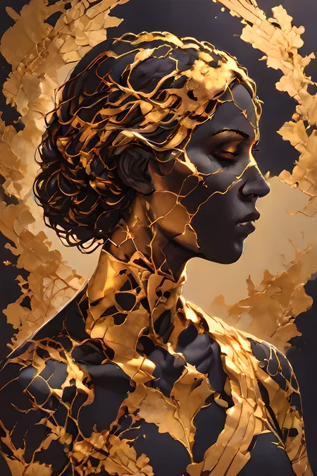 zPDXLxxx, score_9, score_8_up, <lora:Turbo_XL:1>, <lora:Silhouette_with_Gold_Foil:0.7>, silhouette_with_gold_foil, abstract, 1girl, <lora:Kintsugi:1>, Kintsugi, Gold Cracks, <lora:Gold_Filigree_Style:0.5>, dskgold_filigree, gold filigree, made of gold, maximum details