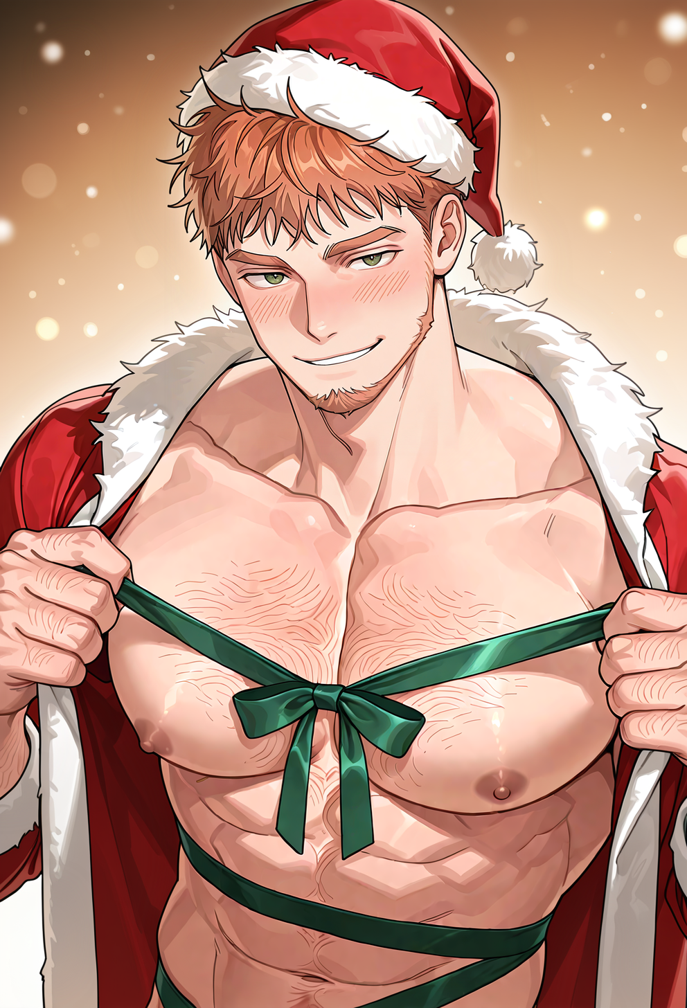 <lora:Hebaron_Nirtha_Under_the_Oak_Tree_v2.1:0.7>,
1boy,hebar0n,orange_hebar0n_hair,green_hebar0n_eyes,mature male,muscular male,bara,male focus,solo,
santa hat,santa costume,open jacket,topless male,naked ribbon,green ribbon,looking at viewer,blush,seductive smile,pulling own clothes,upper body,chest hair,large pectorals,(navel hair:0.8),arm hair,
(masterpiece, best quality, absurdres, detailed, amazing quality, vivid colors, newest, very aesthetic, highres, expressive eyes)