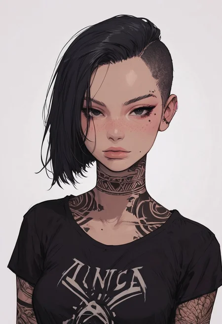 score_9, score_8_up, score_7_up, high detailed, high quality, masterpiece, no text, quality highlights, 8k detail, detailed background, source_anime, dynamic view, hentai, ultra-detailed,
...
1girl, (((solo))), female focus, expressiveh,
(18 years old),
(black hair), (short hair), ((shaved side haircut)), ((black eyes)),
beauty face, seductive, face freckles,
gorgeous, seductive,
(hourglass body), (small breasts), short body,
(bare neck), (fit body),
(incredibly sexy), dynamic pose,
((tribal black tattoos)), face mole,
...
((black t-shirt)), ((band logo on t-shirt)),
((bare neck)), closed mouth,
eyes wide, posing, looking at viewer,
focus on face, standing, focus on face,
(((upper body))),
...
(((white background)))