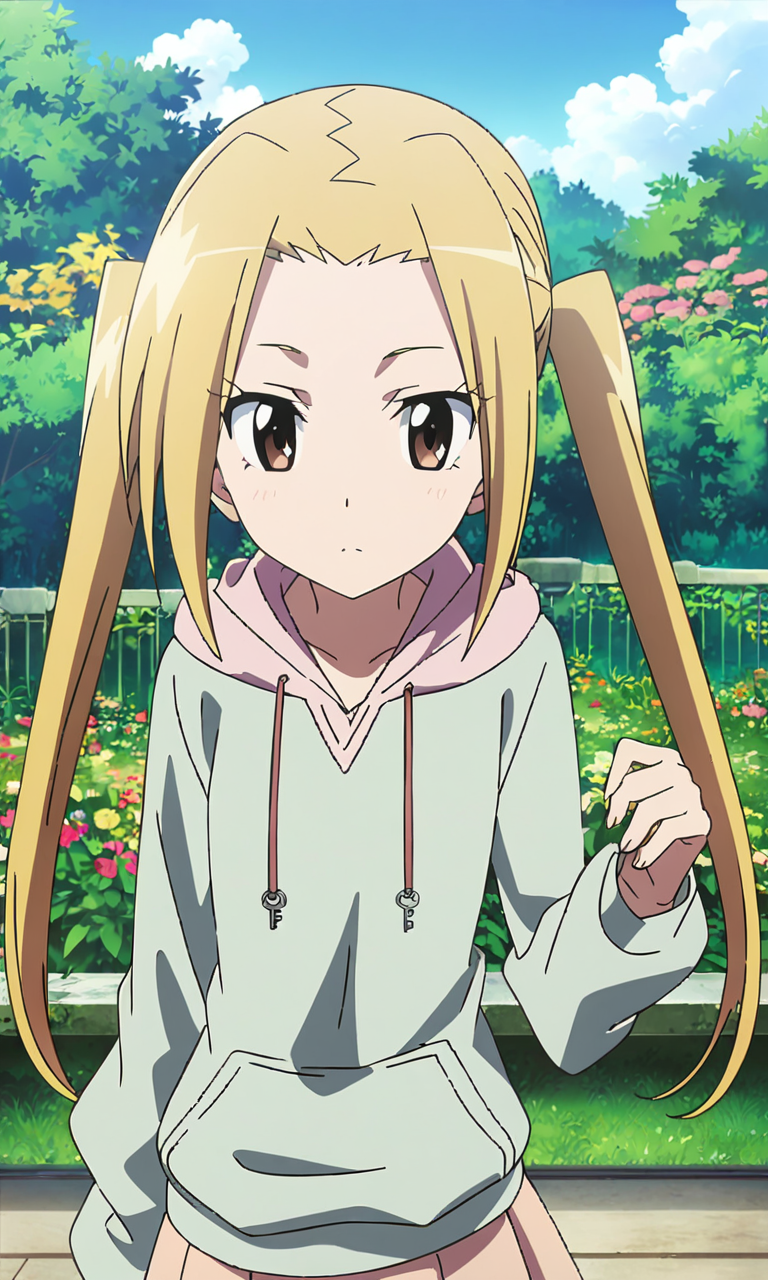 anime artwork hagimura suzu, 1girl, long hair, blonde hair, twintails, brown eyes, petite, flat chested, casual clothing, skirt, hoodie,garden,masterpiece,best quality,8k highres . anime style, key visual, vibrant, studio anime, highly detailed