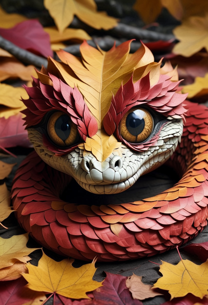 4UTUMNL34V3S, a cut snake is made of autumn leaves, detailed face, (big eyes:0.9), detailed eyes, (smile:1.1), long eye lashes ,Masterpiece,best quality, raw photo, realistic, very aesthetic