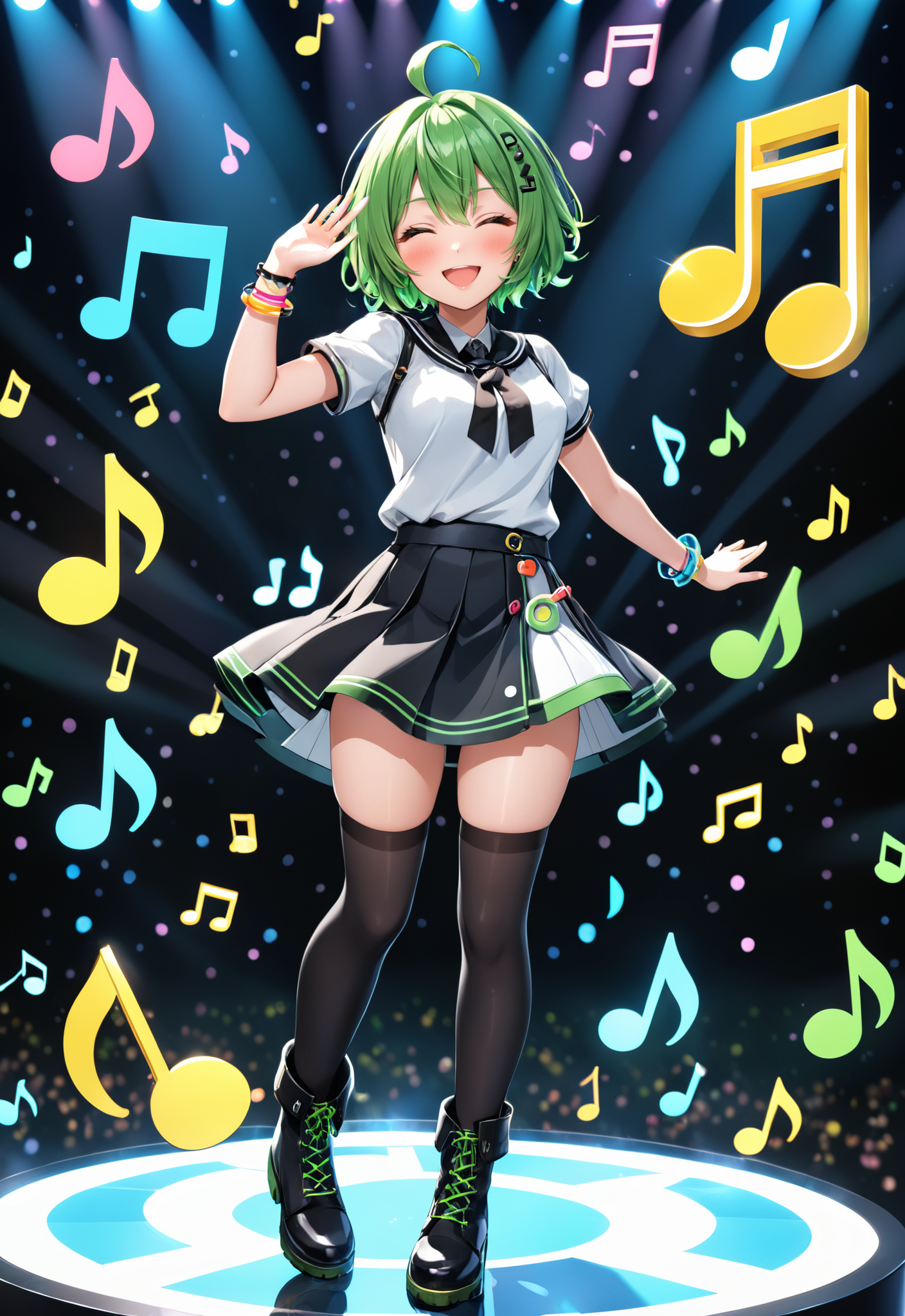 <lora:OMG-Is-DucHaiten_v1.0:1>, i want the whole image to be created in 3D anime style, 1girl, solo, looking at viewer, blush, smile, short hair, open mouth, skirt, thighhighs, ahoge, multicolored hair, boots, one eye closed, green hair, virtual youtuber, bracelet, musical note, eighth note, beamed eighth notes, quarter note