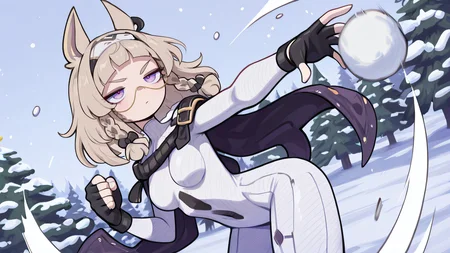 ,masterpiece,best quality,newest, <lora:Meredith_IL_Strinova:0.9> meredithil, anime, skinny, 1girl, solo, bangs, braid, purple eyes, animal ears, fingerless gloves, black gloves, bodysuit, breasts, <lora:Cartoony_Illustrious_Style:1.0> cartoonyillustrious, style, christmas themed, winter, (throwing a snowball:1.2), pine trees, snow