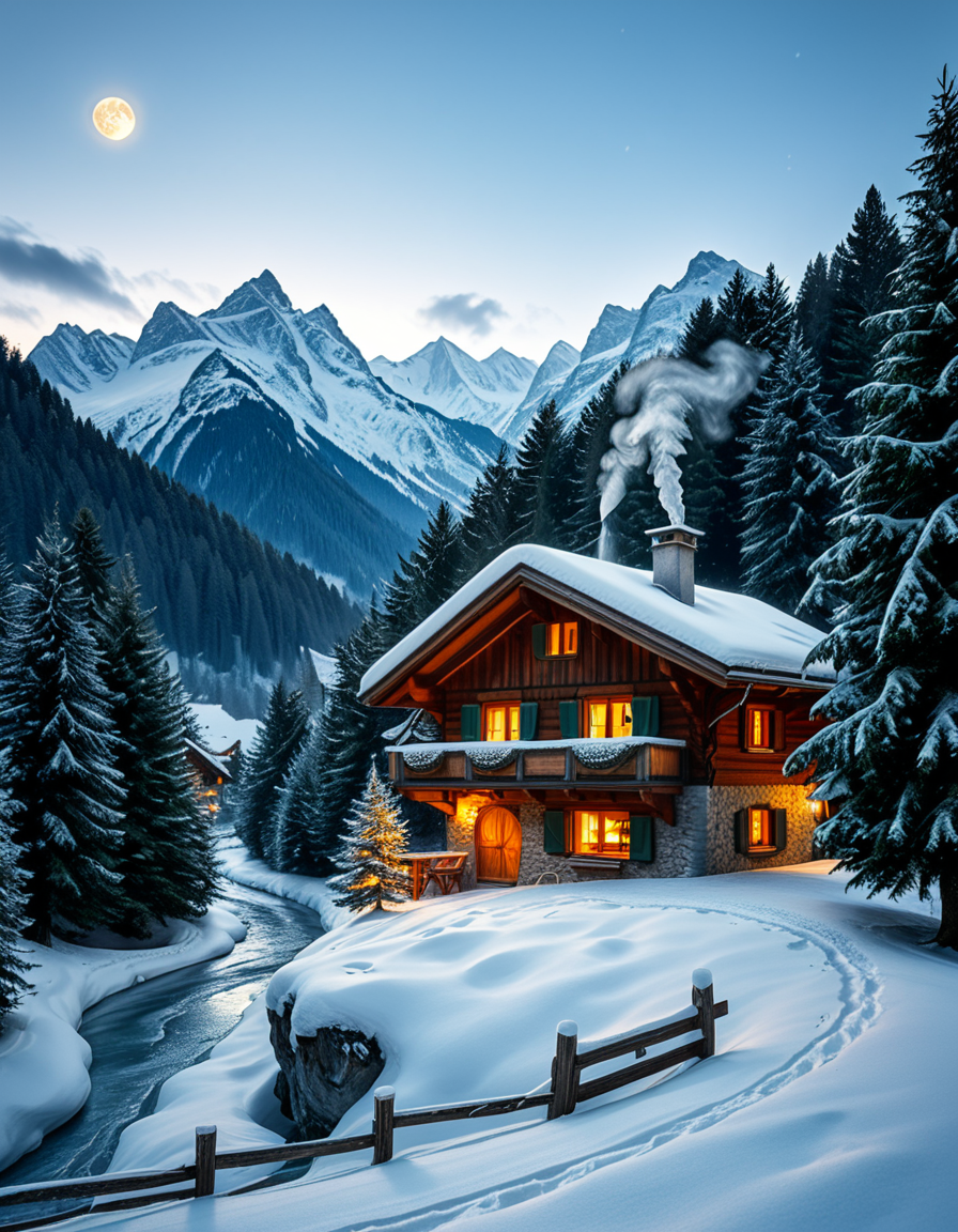 A stunning winter scene in the Tyrol region of Austria. A charming wooden chalet with traditional alpine architecture stands on a gentle snow-covered slope, surrounded by dense evergreen forests blanketed in fresh snow. The chaletâs warm interior lights glow softly through its large windows, creating a cozy contrast against the cool twilight hues of the sky. A plume of smoke drifts from the chimney, hinting at a roaring fireplace inside. In the foreground, a small wooden fence is partially buried under the snow, while a frozen river winds through the valley, reflecting the moonlight. Towering, snow-capped peaks of the Austrian Alps dominate the background, adding a breathtaking sense of grandeur. Snowflakes gently fall, adding movement and depth to the peaceful, picturesque scene. The image is hyper-realistic, capturing the intricate textures of the wood, snow, and ice, with cinematic lighting that highlights the magical winter ambiance.
<lora:SDXLFaeTastic2400:0.4> <lora:extremely_detailed:0.4> extremely detailed,<lora:winter_scene_in_the_Tyr0l:1>,winter scene in the Tyr0l, Masterpiece,best quality,hi res,8k,hi res,8k,award winning,(sharp focus, intricate, highly detailed),