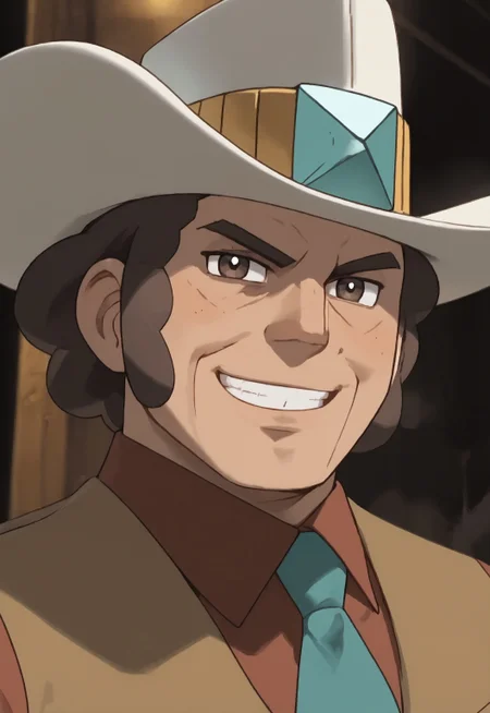 safe_pos, safe_pos, score_9, score_8_up, score_7_up, rating_nsfw, ultra hd, absurdres, solo, 1boy, masterpiece, best quality, best aesthetic, Expressiveh, wolfconf,

PokemonClay, brown hair, hat, brown outfit with vest, necktie, brown vest, portrait, headshot, looking at viewer, smiling