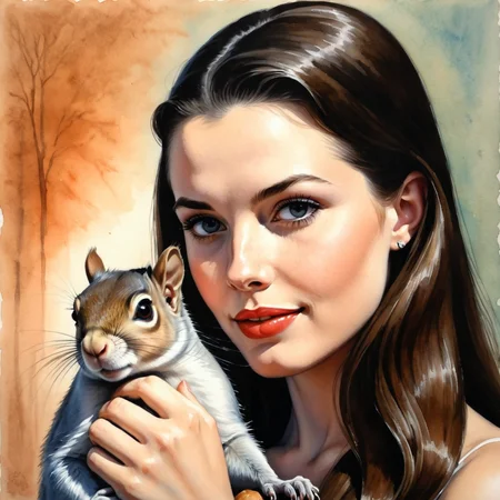 by Phil Noto, by Edwin Georgi, by Lori Earley, cute 18 year old woman and her pet squirrel, watercolor <lora:watercolor_by_ntc:1.00>, oil pastel<lora:oil_pastel:1.00>, by Virgil Finlay <lora:more_art:0.30><lora:dpo:0.25><lora:faetastic:0.10><lora:midjourney:0.10><lora:clothing_slider:2.00> <lora:aesthetic:2.00><lora:great_lighting:2.00>
