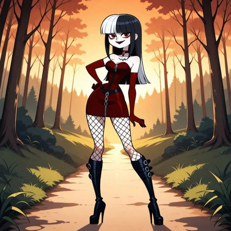 score_9, score_8, BREAK, solo, dark red corset, goth, blunt bangs, dark red gloves, long hair, red eyes, makeup, knee boots, high heel boots, fishnets, chest tattoo, choker, breasts, total drama, CrimsonTD, pale skin, white skin, black lips, lipstick, multicolored hair, black hair, white hair, sexy pose, self portrait, smile, looking at viewer, outdoors, sunlight, shadows, evening lighting, natural lighting, forest, trees, grass, orange sky, sunset