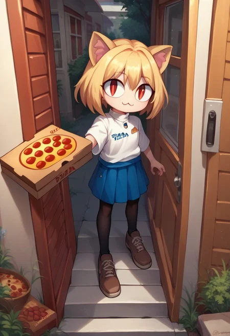 score_9, score_8_up, score_7_up, pizza box, employee uniform, pov, pizza delivery, necoarc, outside, blonde hair, red eyes, slit pupils, cat ears, :3, chibi, turtleneck, white shirt, blue skirt, pleated skirt, pantyhose, brown footwear, derp