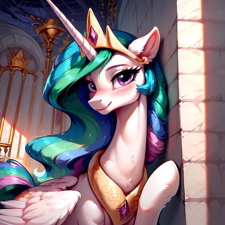 masterpiece, score_9, score_8_up, score_7_up, (best quality:1.1), ultra-detailed, high resolution, 1 girl, solo, pony, alicorn, highly detailed macro illustration, Princess Celestia smiling, blushing, Princess Celestia, feral, female, mare, cute, long eyelashes, (indoors), (((beautiful detailed eyes))), Long eyelashes, fluffy, ear fluff, long eyelashes, (cornering), taking cover, spying, marble wall, Highly Visible, (((8k))), sharp focus, perfect lighting, anatomically correct, extremely detailed, shine on body, (Canterlot Interior), high detail, cute face, Expressiveh, detailed background, OverallDetail, zPDXL2, <lora:Corneringv1:0.8>