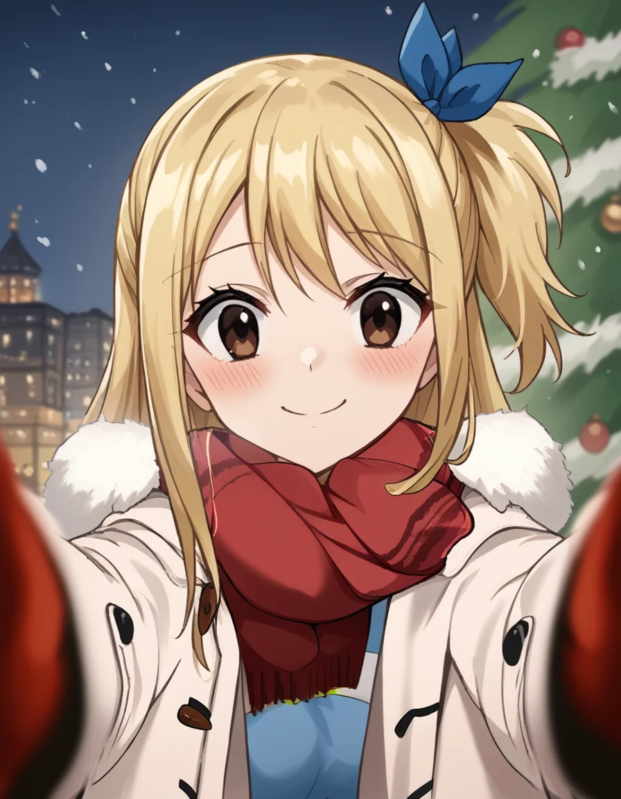 score_9, score_8_up, score_7_up, source_anime, <lora:lucy-heartfilia-s7-ponyxl-lora-nochekaiser:1>, lucy heartfilia, blonde hair, brown eyes, long hair, one side up, ribbon, hair ribbon, blue ribbon, large breasts,, <lora:pov-cheek-warming-ponyxl-lora-nochekaiser:1>, pov cheek warming, pov cheek warming (meme), winter gloves, duffel coat, fur-trimmed scarf, winter clothes, red mittens, meme, winter coat, red scarf, fur-trimmed coat, reaching towards viewer, reaching, mittens, fur-trimmed hood, white coat, open coat, scarf, coat, red gloves, snowing, pov, fur trim, depth of field, smile, blush,, christmas, christmas tree, christmas lights,,