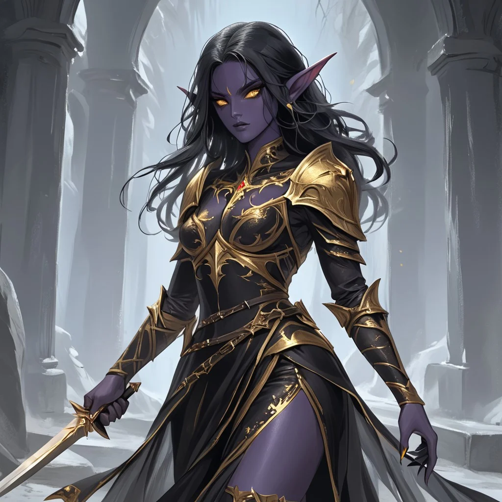 dark elf warrior, 1woman, black and gold dress, holding a dagger