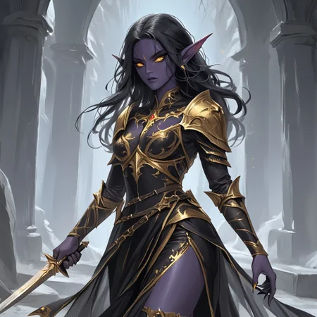 dark elf warrior, 1woman, black and gold dress, holding a dagger