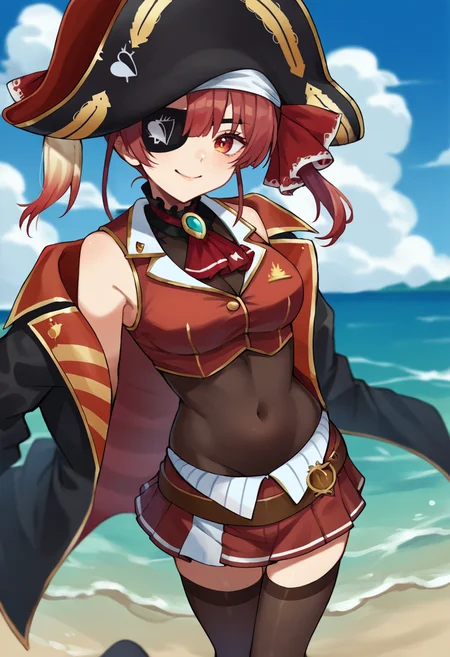 score_9, score_6_up, source_anime, 1girl, solo, full body, ocean, marine_pirate, hair ribbon, red ascot, red skirt, belt, leotard under clothes, covered navel, black leotard, sleeveless, black thighhighs, black coat, pirate hat, eyepatch, red eyes, smile <lora:senchouXL-05:1>