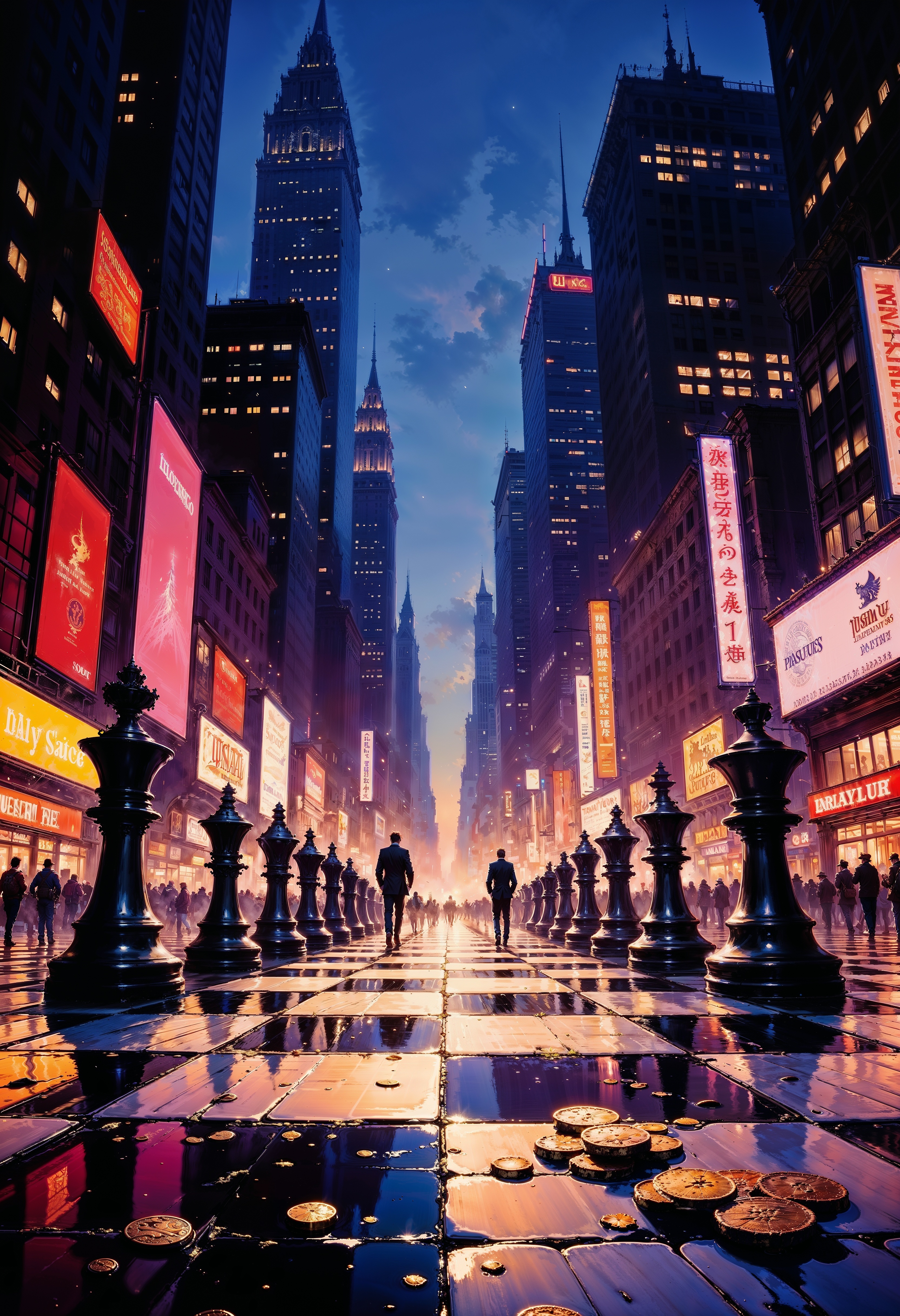 A dramatic, high-contrast illustration depicting a cityscape at dusk, with skyscrapers and neon lights reflecting off the wet pavement, symbolizing the cutthroat world of finance. In the foreground, a giant chessboard stretches across the street, with coins and banknotes scattered across the squares, highlighting the theme "life is a money game." The chess pieces, designed to resemble businesspeople and financial symbols, are engaged in a intense battle, with some knocked over or trapped underfoot. The color palette is dark and moody, with shades of blue, purple, and gold, evoking a sense of luxury and power. The overall mood is one of tension and competition, with the city lights and bustling activity in the background adding to the sense of urgency. The style is a mix of realistic and stylized, with bold lines and vibrant colors, and the composition is dynamic, with the chessboard and cityscape blending seamlessly together.