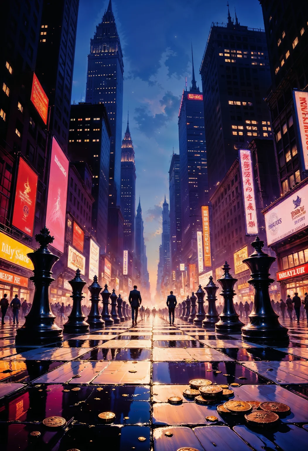 A dramatic, high-contrast illustration depicting a cityscape at dusk, with skyscrapers and neon lights reflecting off the wet pavement, symbolizing the cutthroat world of finance. In the foreground, a giant chessboard stretches across the street, with coins and banknotes scattered across the squares, highlighting the theme "life is a money game." The chess pieces, designed to resemble businesspeople and financial symbols, are engaged in a intense battle, with some knocked over or trapped underfoot. The color palette is dark and moody, with shades of blue, purple, and gold, evoking a sense of luxury and power. The overall mood is one of tension and competition, with the city lights and bustling activity in the background adding to the sense of urgency. The style is a mix of realistic and stylized, with bold lines and vibrant colors, and the composition is dynamic, with the chessboard and cityscape blending seamlessly together.