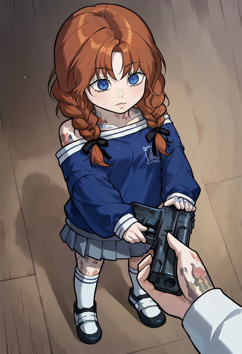 score_9, score_8_up, score_7_up, uncensored, Expressiveh BREAK 1girl, solo, killerpetermatthew, brown hair, twin braids, blue eyes, tattoo, blue sweater, off shoulder, pleated skirt, black hair ribbon, leg tattoo, white socks, shoes, holding gun, Go do a crime, chibi <lora:KillerPeterMatthew:0.9> <lora:add-detail-xl:0.6> <lora:cfg_scale_boost:0.5> <lora:Expressive_H:0.6> <lora:go_do_a_crime:0.7>
