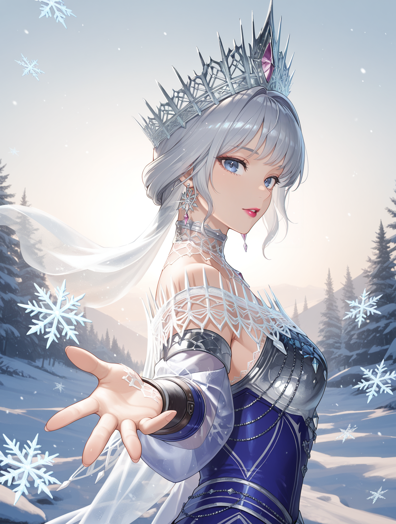 velkhana armor,blue long dress,1girl,solo,upper body,lipstick,silver crown,silver earrings,looking at viewer,snowflakes,outdoors, from side, outstretched hand, 
masterpiece,best quality,amazing quality,very aesthetic,absurdres,newest,<lora:Velkhana Armor Beta illuXL v1.1:0.7>,