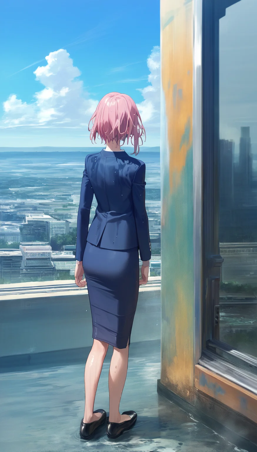 score_9,score_8_up,score_7_up,
<lora:yoshinokoharu:0.8>,
yoshinokoharu,
1girl,solo,
pink hair,short hair,bangs,
red eyes,looking up,smile,
blue blazer,white shirt,blue pencil skirt,wet hair,wet dress,
black shoes,
full body,standing,back view,
outdoors,cityscape,light particles,downtown,(after rain the sky looks blue:1.2),sun,cloud,