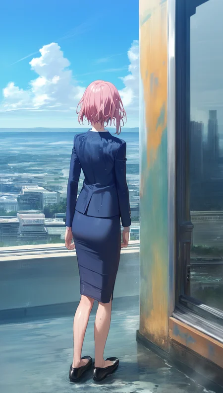 score_9,score_8_up,score_7_up,
<lora:yoshinokoharu:0.8>,
yoshinokoharu,
1girl,solo,
pink hair,short hair,bangs,
red eyes,looking up,smile,
blue blazer,white shirt,blue pencil skirt,wet hair,wet dress,
black shoes,
full body,standing,back view,
outdoors,cityscape,light particles,downtown,(after rain the sky looks blue:1.2),sun,cloud,