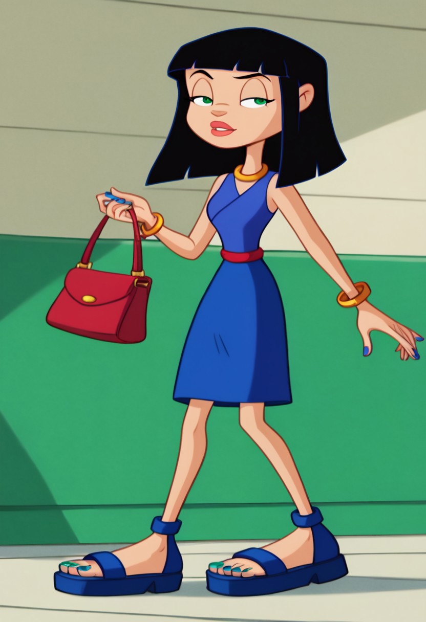 1 girl, solo, score_6, score_7, score_8, score_9, masterpiece, best quality, highly detailed, lips, eyeliner, medium hair, blunt bangs, black hair, hair has blue reflects, green eyes, snob, sassy, bedroom eyes, jewelry, high class, colored nails, jewelry, royal blue short dress with super thin red waistband, surplice neck line, sleeveless dress, navy blue sandals, gold bracelets, middle school, pre teen, holding a purse