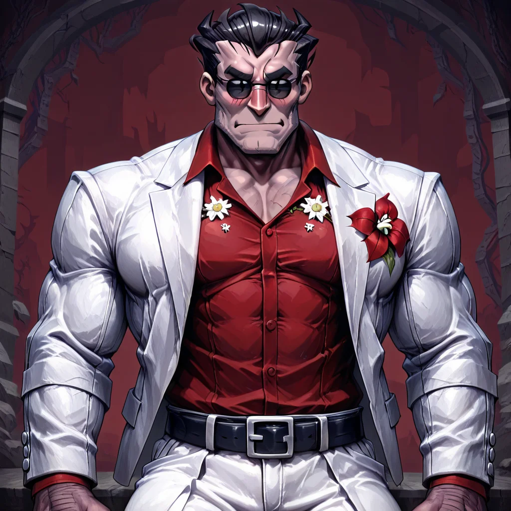 masterpiece, best quality, newest, absurdres, highres, GOTPV1.0, 1boy, helltaker (helltaker), black hair, short hair, muscular, muscular male, sunglasses,  white jacket, white pants, black belt, red shirt, formal clothes, flower in clothes, open jacket
