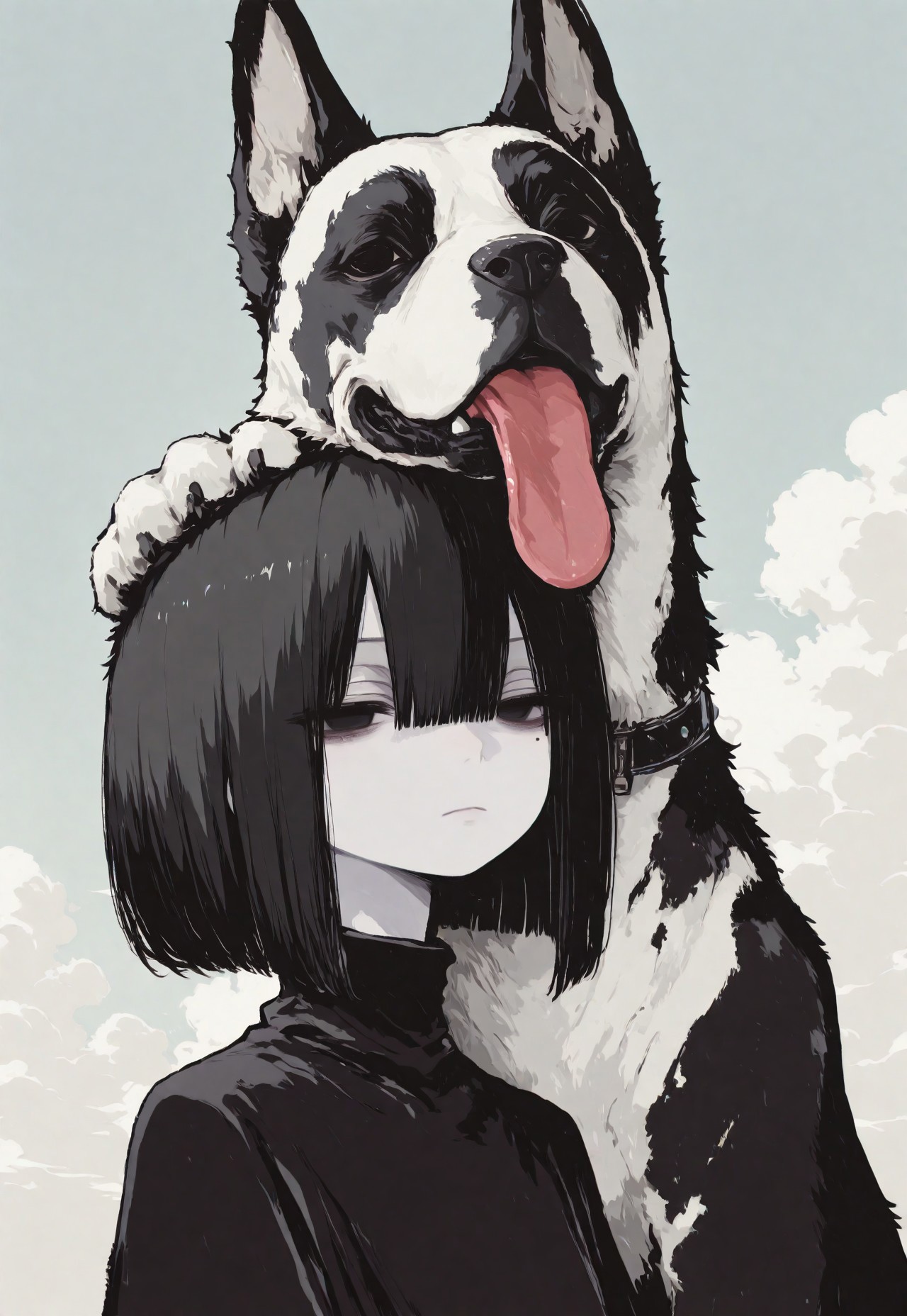 1girl, solo, black hair, bob cut, hair between eyes, solid black eyes, detailed eyes, looking to the side, mole under eye, expressionless, looking to the side, closed mouth,pale skin, black turtle neck, animal focus, dog, Great Dane, solo, paw up, paws on head, tongue out, whimsical dog, spotted fur, pale blue sky, clouds, close up, chromatic aberration,minimalsim, no lineart, no outline, blending, flat color,15546+456868, r17329_illu,S4bit4mago_illu