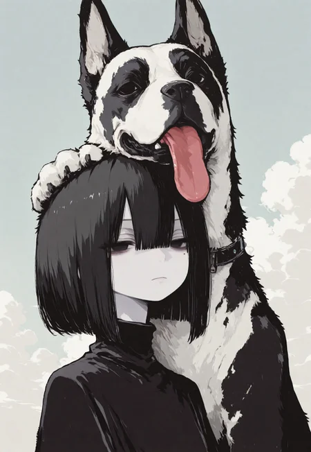 1girl, solo, black hair, bob cut, hair between eyes, solid black eyes, detailed eyes, looking to the side, mole under eye, expressionless, looking to the side, closed mouth,pale skin, black turtle neck, animal focus, dog, Great Dane, solo, paw up, paws on head, tongue out, whimsical dog, spotted fur, pale blue sky, clouds, close up, chromatic aberration,minimalsim, no lineart, no outline, blending, flat color,15546+456868, r17329_illu,S4bit4mago_illu