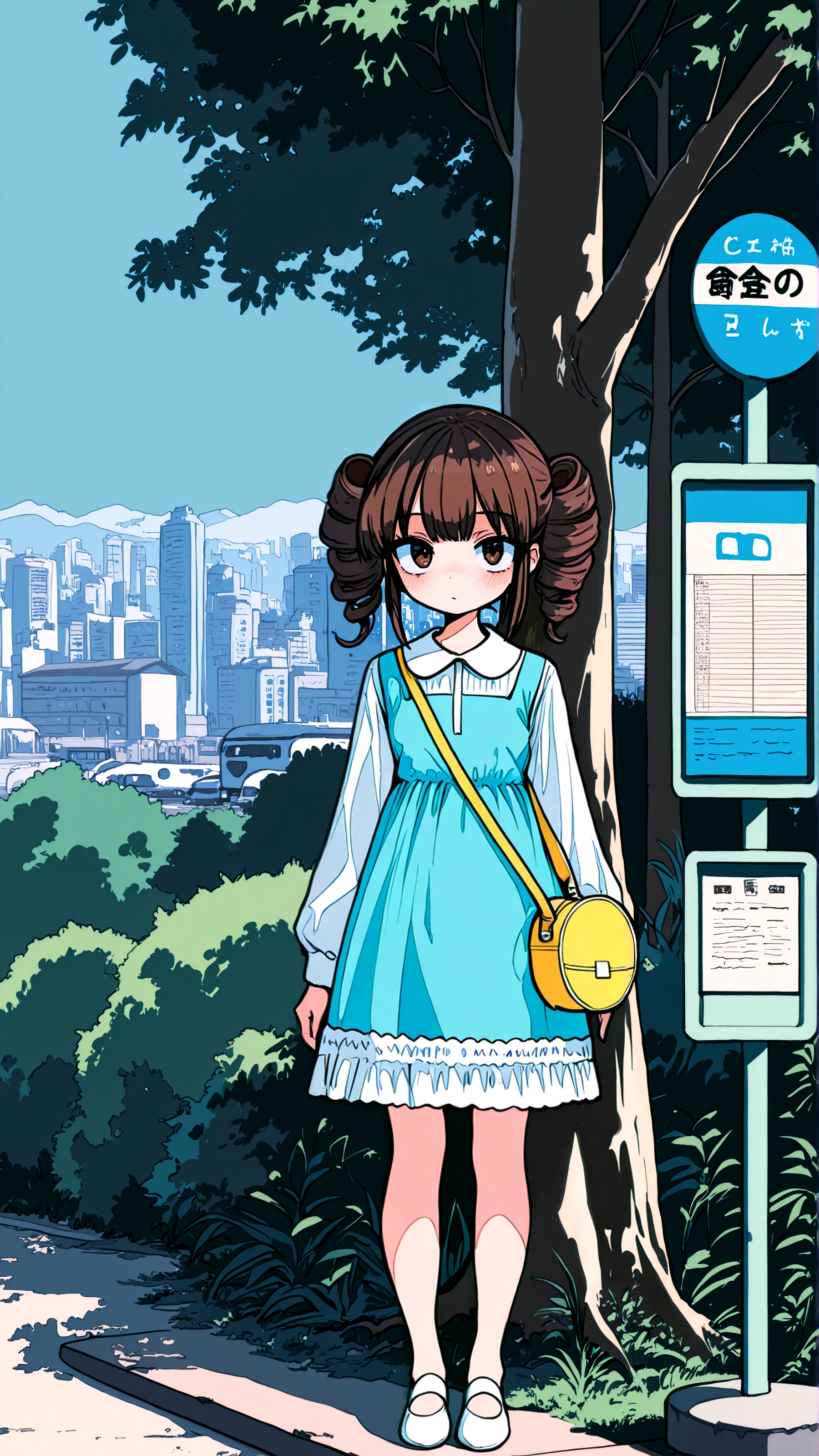 masterpiece, newest,absurdres,incredibly absurdres, best quality, amazing quality, very aesthetic, casual,
1girl, blue hill, behind tree, frilly dress, bus stop, hair drills, brown hair, kindergarten bag, cityscape,
 <lora:c0gecha_illu:1> c0gech4 <lora:Forest_Decay_Style_ichi_sk:1> <lora:edanoma_meu_style:1> edanoma_meu_illu
