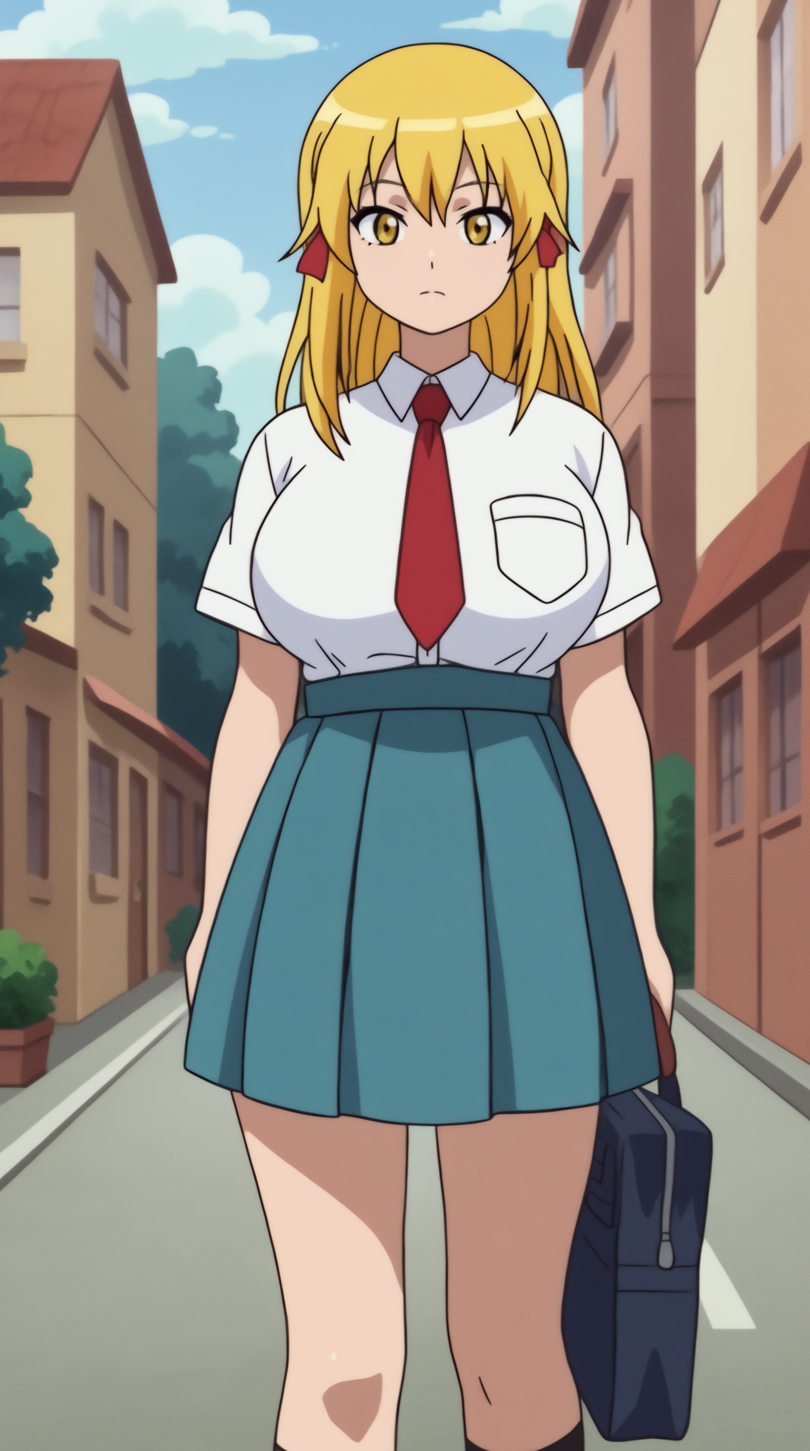 score_9, score_8_up, score_7_up,anime_source, source_anime, best background, detailed background, anime screencap, 4k, upscaled,  Asuka Sawashiro, looking at viewer, shirt, skirt, standing, school uniform, white shirt, short sleeves, pleated skirt, necktie, collared shirt, socks, solo, blue skirt, red necktie, pocket, shirt tucked in, holding bag, breast pocket  <lora:JN_Asuka_Sawashiro_Pony:0.8>