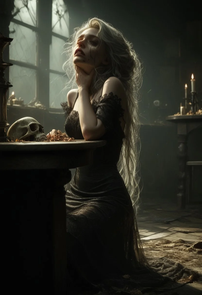 score_9, score_up_8, masterpiece, best quality, explicit, high detail,newest, safe, rating_explicit, fantasy, scary, horror, grotesque, nighttime, noticeable noise in dark areas, dynamic angle, full body shot, focus on face BREAK a thin woman sits at the table, white hair, tangled hair, sinister expression, black long dress, the dress covers the arms and throat, the dress is trimmed with lace,t, black lace gloves, her skin is the color of alabaster, green eyes BREAK indoors, table, window, glass covered with cracks, the glass is cloudy, candles, items for alchemy, scrolls, flasks, skull,The atmosphere of the frame resembles the film "Sleepy Hollow", a very creepy and grotesque atmosphere, dark theme, fog, dim white light from behind, dramatic light