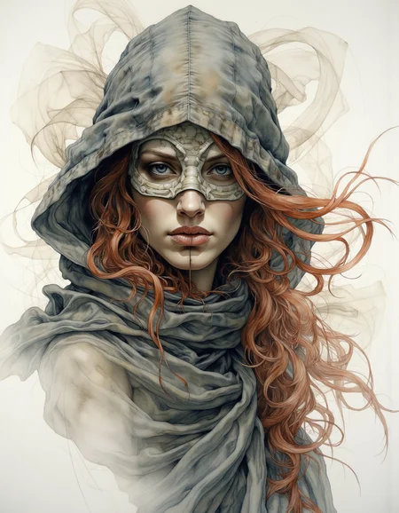 Portrait by Dorota Pietrowiak. This is a highly detailed, surrealistic watercolor painting of a mysterious female assassin emerges, her long hair flowing beneath a dark cowl. Assassin Mask, by Nadav Kander, Maximilian Suppantschitsch <lora:Dorota_Pietrowiak:0.85>