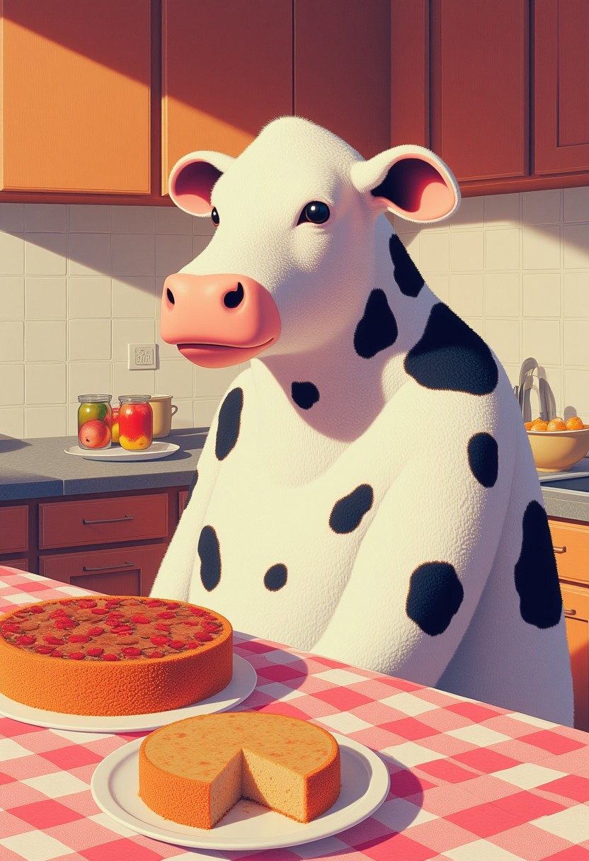 a cow baking a cake in a kitchen, illustration in the style of CTILLUST