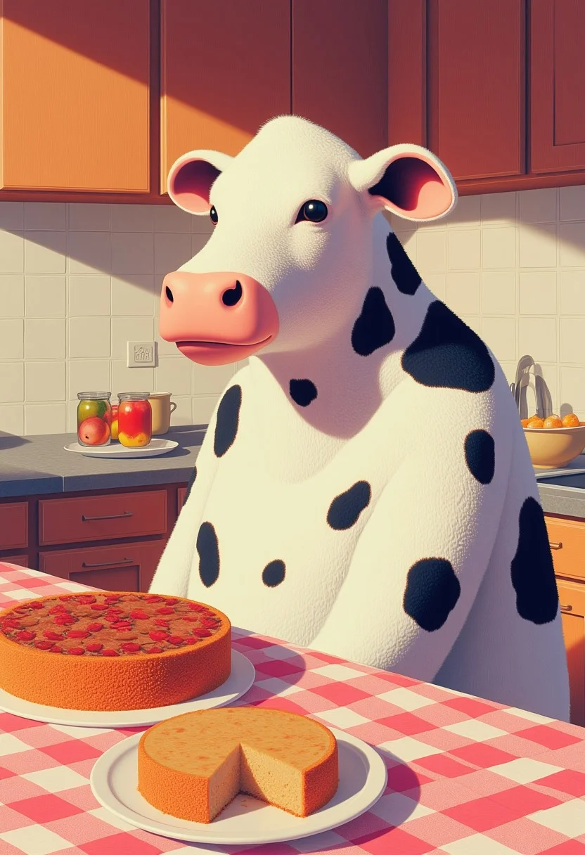 a cow baking a cake in a kitchen, illustration in the style of CTILLUST