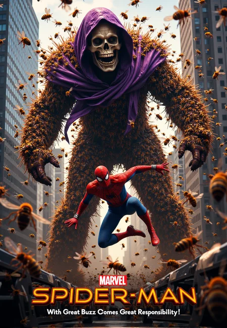 A hyper-realistic, cinematic image of Spider-Man battling Swarm. Swarm appears as a towering figure composed entirely of swarming bees, wearing a tattered purple cloak that billows dramatically. His face is partially visible, skeletal and menacing, emerging from the mass of insects.Spider-Man is in mid-action, swinging or leaping towards Swarm, his suit detailed and reflective in the city light. The background features a modern cityscape with sleek skyscrapers, creating a stark contrast to the chaotic form of Swarm.
Thousands of individual bees surround both characters, some forming Swarm's body and others swarming in the air, creating a sense of motion and danger. The lighting is dramatic, perhaps with a golden hour glow that glints off the bees and Spider-Man's suit.
At the bottom of the poster, in a bold, stylized font that evokes both honeycomb structure and spider webs, are the words: 'With Great Buzz Comes Great Responsibility.'The image should be ultra-detailed, focusing on the realistic rendering of both the bees and Spider-Man, as well as the urban environment. The overall tone is intense and action-packed, with a touch of horror due to Swarm's appearance,Midjourney_Whisper