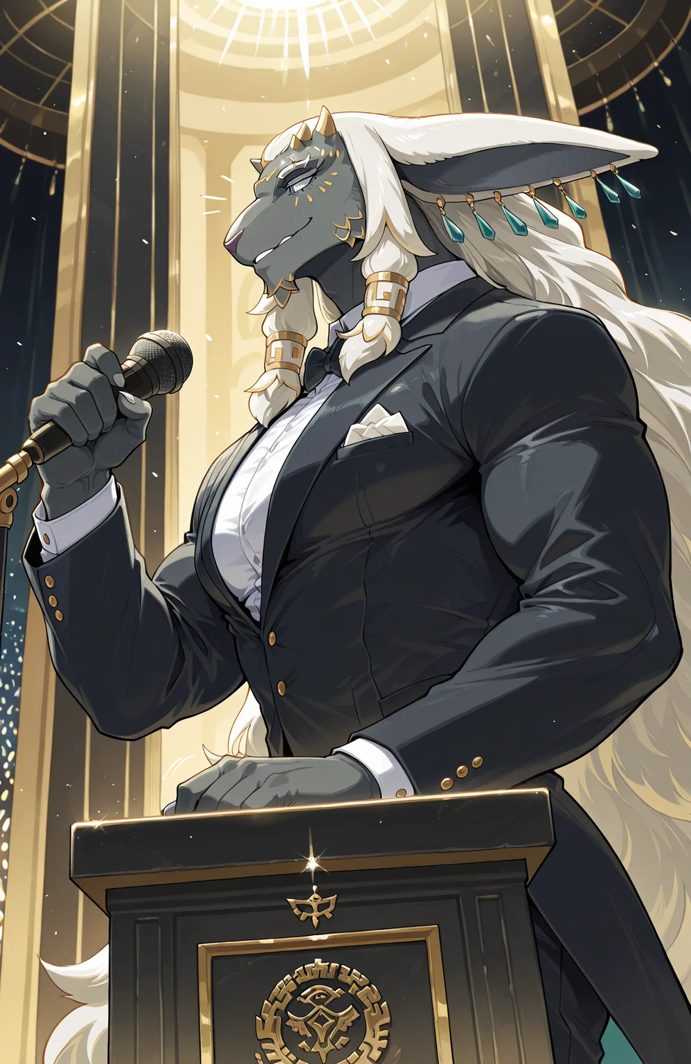 totk_rauru,
muscular male, solo,
podium, microphone, public speaking, event, tuxedo, cameras, flashes, talking, 
from side, dynamic angle,,dutch angle   upper body, 
arrogant,
<lora:[Char - IL] Zelda - Rauru (R1E20):1> 
BREAK
award-winning venue, indoors,
masterpiece, best quality, amazing quality, very aesthetic, absurdres, newest,