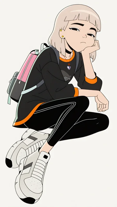 jentrychau, absurdres, masterpiece, best quality, 8k, white background, 1girl, solo, blonde hair, medium hair, bangs, black eyes, casual outfit, black shirt, graphic shirt, black leggings, heart necklace, choker, white sneakers, looking at viewer, full body, sitting, backpack, sighing, half-closed eyes, bored, head rest on hand, 