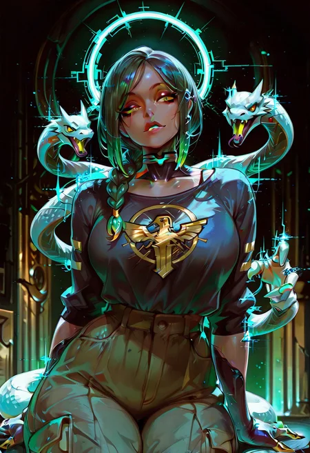 Rating_sfw, mature woman,dynamic hands hacking pose, cyberwear, cyberpunk, humanoid , cybernetic enhancement, serpent themed , oversized clothes, cargo pants, dark clear skin, Egyptian themed lap, ((cute face)), innocent face, pretty face, eyes, detailed eyes, long eyelashes, eyeliner, gorgon,glitching hair, ,(( single braid )) (ar-glitch holographic Snake hair, snake, snake_hair,)) , , eyes, glowing snake, charismatic, curvy, aesthetic, ((perfectly robotic hair, snake hair)), thick lips, full lips, skinny, (slim build), small waist, big breasts,, beautiful detailed face, small face, beautifully complex colored iris, ), enchanting, looking at the viewer,