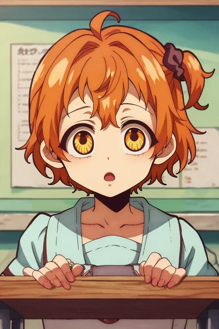 zPDXL, score_9, score_8_up, score_7_up, source_anime, , rating_safe, intricate details, , depth of field, 1girl, fujimaru ritsuka \(female\), orange hair, yellow eyes, ahoge, hair scrunchie, one side up, solo, straight-on, workshop, day, sunny, leaning on object, open mouth, <lora:hanako-kun_style_pony:1.14>, hanako-kun_style, , <lora:sdxl_lightning_8step_lora:1>